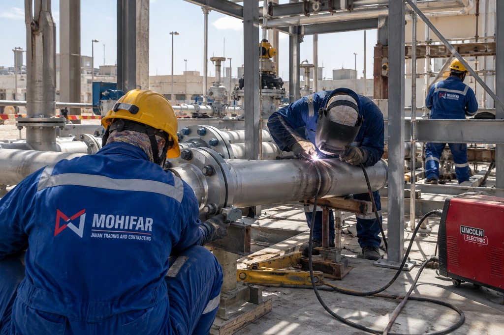 Engineers supervising welding and mechanical fabrication inside an industrial workshop