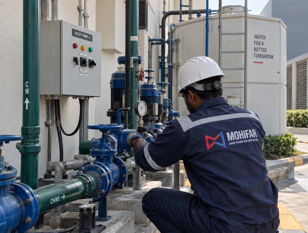 Industrial utility room with pumps, valves and insulated pipe systems