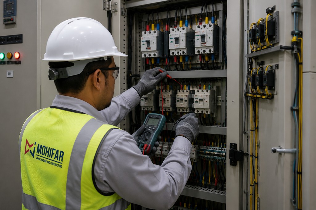 Electrician wiring and assembling components inside an electrical control panel