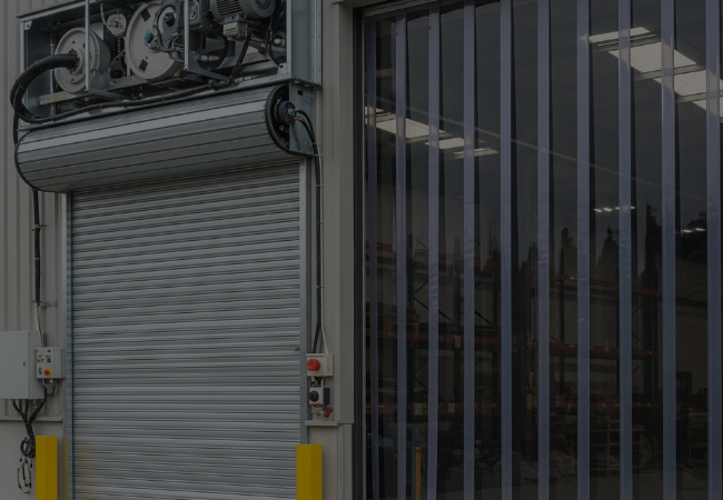 Industrial rolling shutter door with PVC strip curtains
