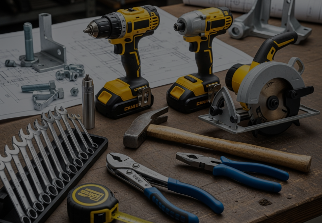 Industrial power tools and hand tools on workbench